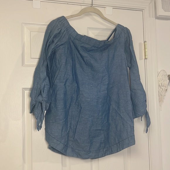 Free People denim chambray blue off the shoulder 3/4 sleeve oversized top S - Picture 2 of 7